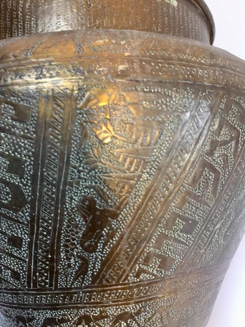 Middle Eastern Egyptian Hebraique Revival Hand Etched Brass Pot Jardiniere