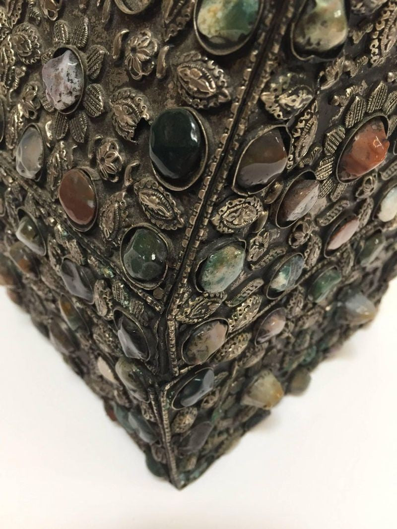 Large Moroccan Wedding Silvered Jewelry Box Inlaid with Semi-Precious Stones