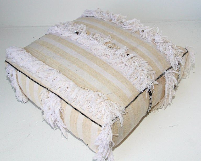 Moroccan White Floor Pillow with Silver Sequins and Long Fringes