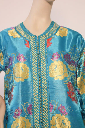 Elegant Moroccan Caftan in Blue Metallic Floral Brocade