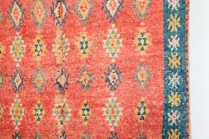 1960s Moroccan Berber Rug, Coral and Teal Geometric Wool, 4'10" × 9'10"