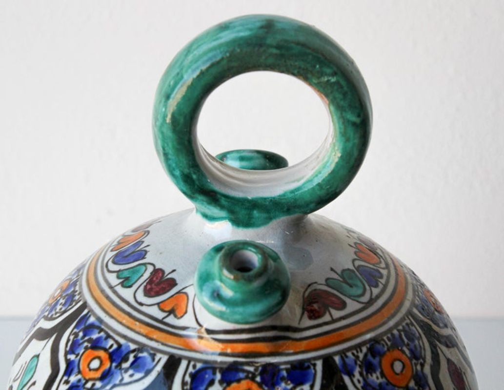Moorish Ceramic Glazed Water Jug Handcrafted in Fez Morocco