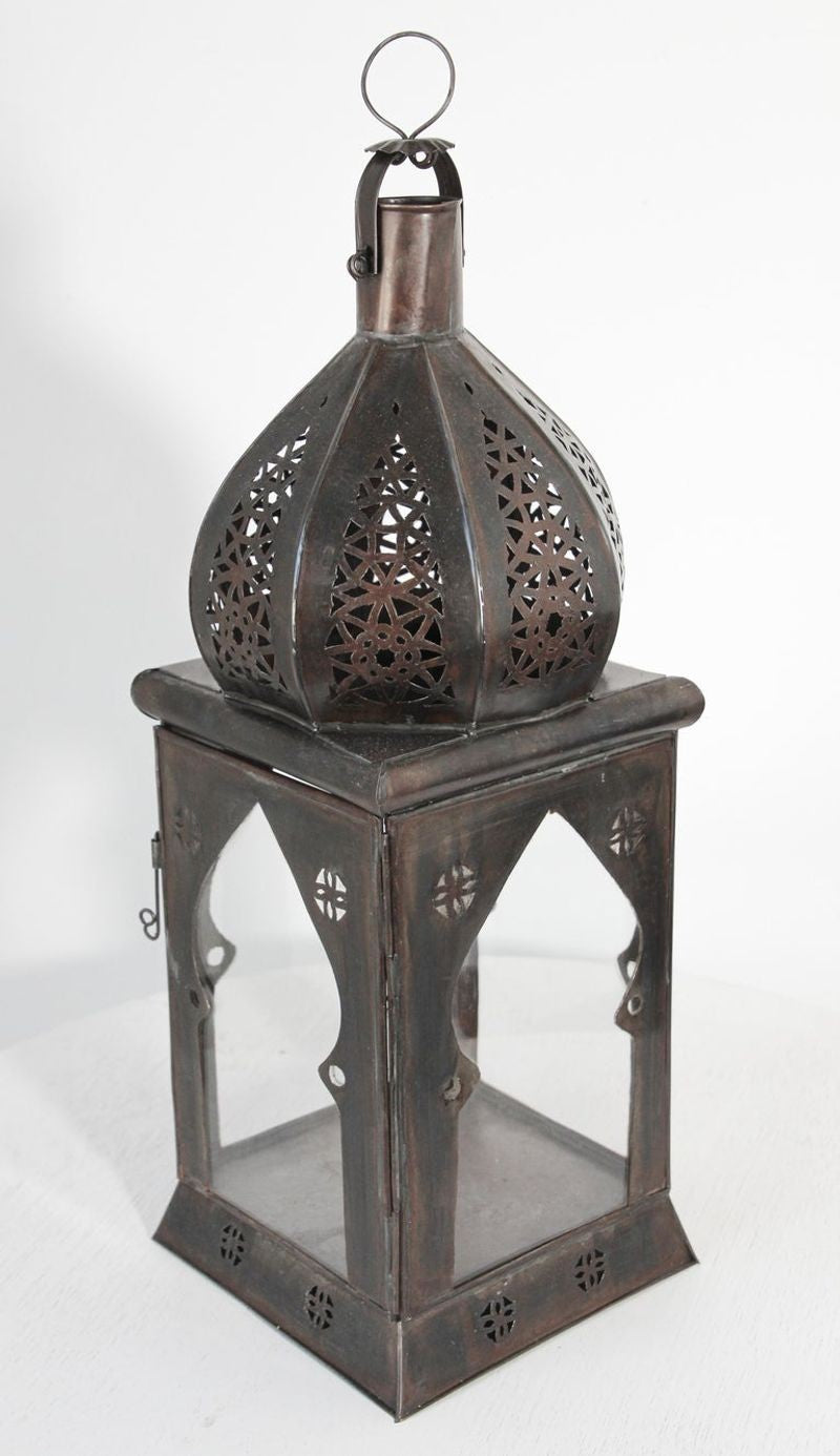 Moroccan Moorish Square Tole and Clear Glass Candle Lantern