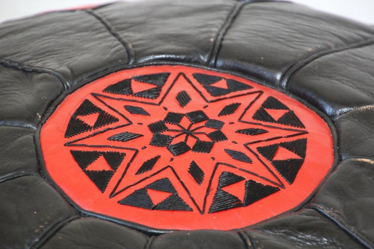 Vintage Moroccan Leather Pouf Hand-Tooled in Marrakesh Red and Black