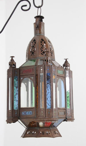 Vintage Moroccan Moorish Metal and Stained Glass Lantern or Pendant