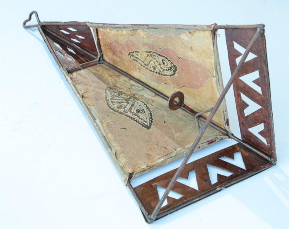 Vintage Handpainted Moroccan Folk Art Parchment Wall Sconce - 2