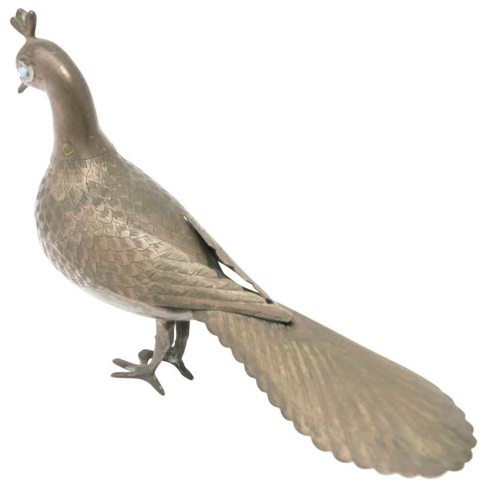 Islamic Qajar Style Damascene Metal Vintage Peacock Figurine, India