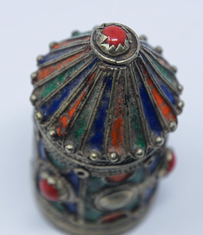 Antique Silver Enameled Ring Container Box from Kabylie, Algeria