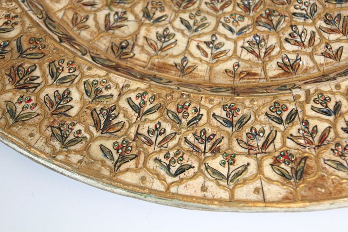 Indian Mughal style Overlaid and Hand Painted Metal Platter 1950