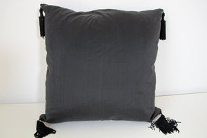 Embroidered Black Silk Decorative Throw Pillow with Tassels