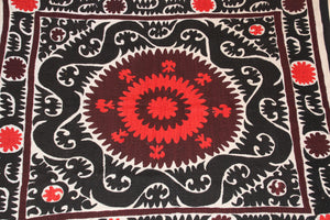 Vintage Red and Black Samarkand Suzani, Uzbekistan Embroidered Textile