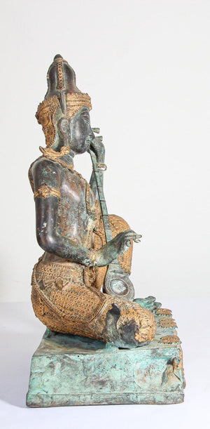 Asian Thai Gilt Vintage Bronze Statue of a Prince Playing Music