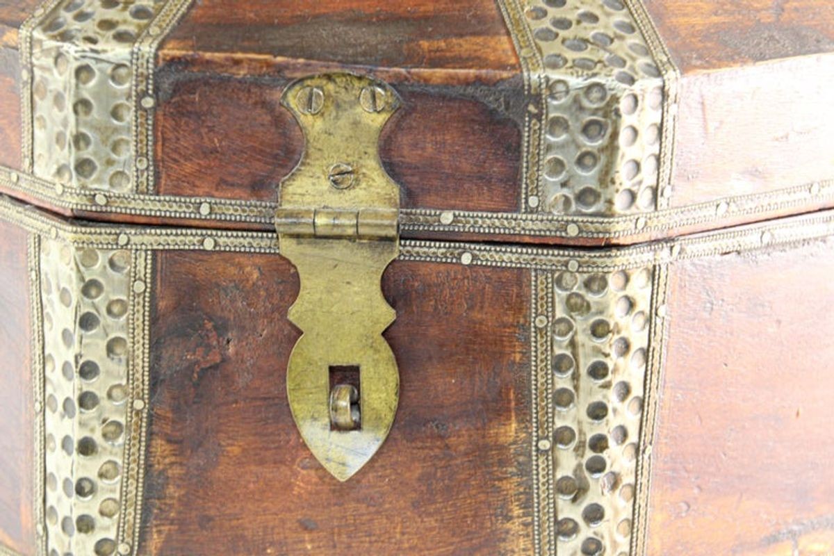 Large Asian Decorative Wooden Jewelry Box with Hammered Brass Metal Overlay