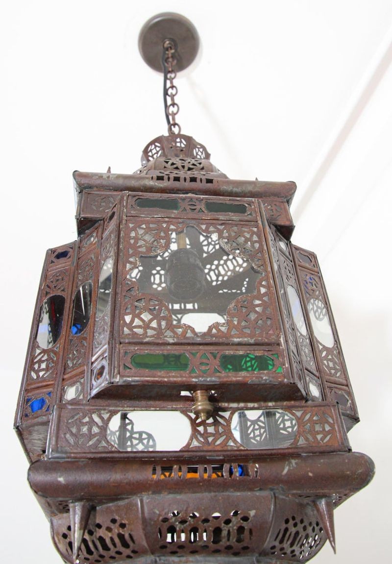 Vintage Moroccan Moorish Bronze Metal & Multicolor Glass Hanging Lantern