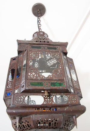 Vintage Moroccan Handcrafted Lantern Ceiling Light with Multi-Color Glass