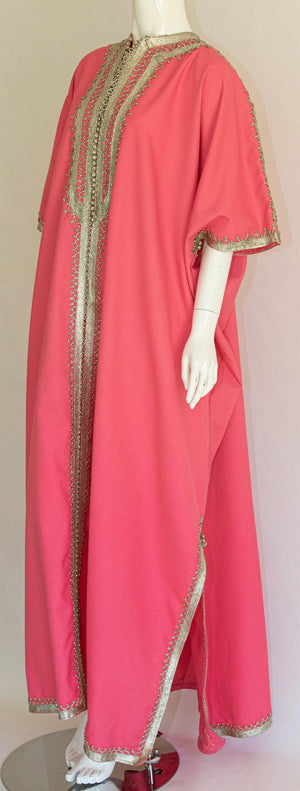Moroccan Caftan Pink Color with Silver Trim, Vintage Kaftan circa 1970