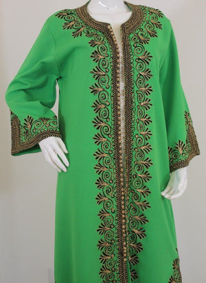Vintage Moroccan Kaftan Green Maxi Dress circa 1970 Size L
