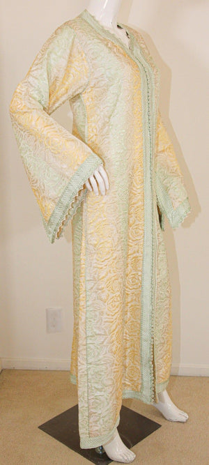Vintage Moroccan Kaftan, Gold and Sage Damask Embroidered, ca. 1970s