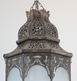 Moroccan Moorish Hanging Metal Lantern with Milky Glass