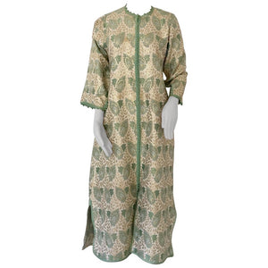 Vintage Moroccan Caftan Lime Green and Silver and Gold Metallic Floral Brocade