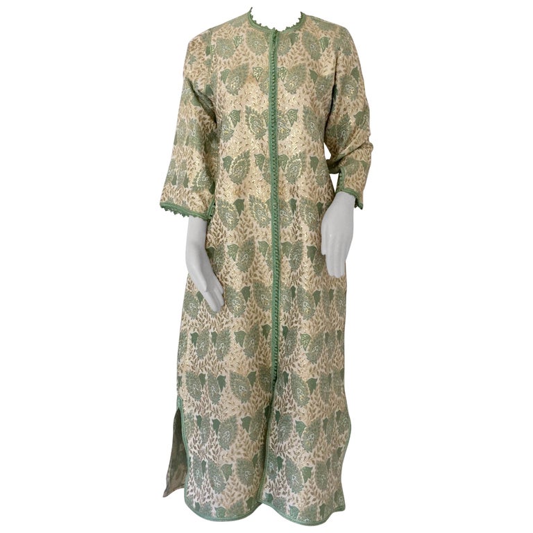 Vintage Moroccan Caftan Lime Green and Silver and Gold Metallic Floral Brocade