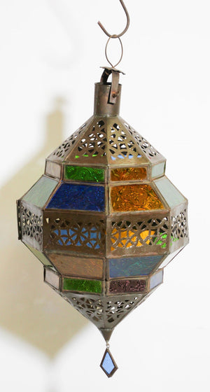 Handcrafted Moroccan Metal and Multi-Color Glass Lantern Octagonal Diamond Shape