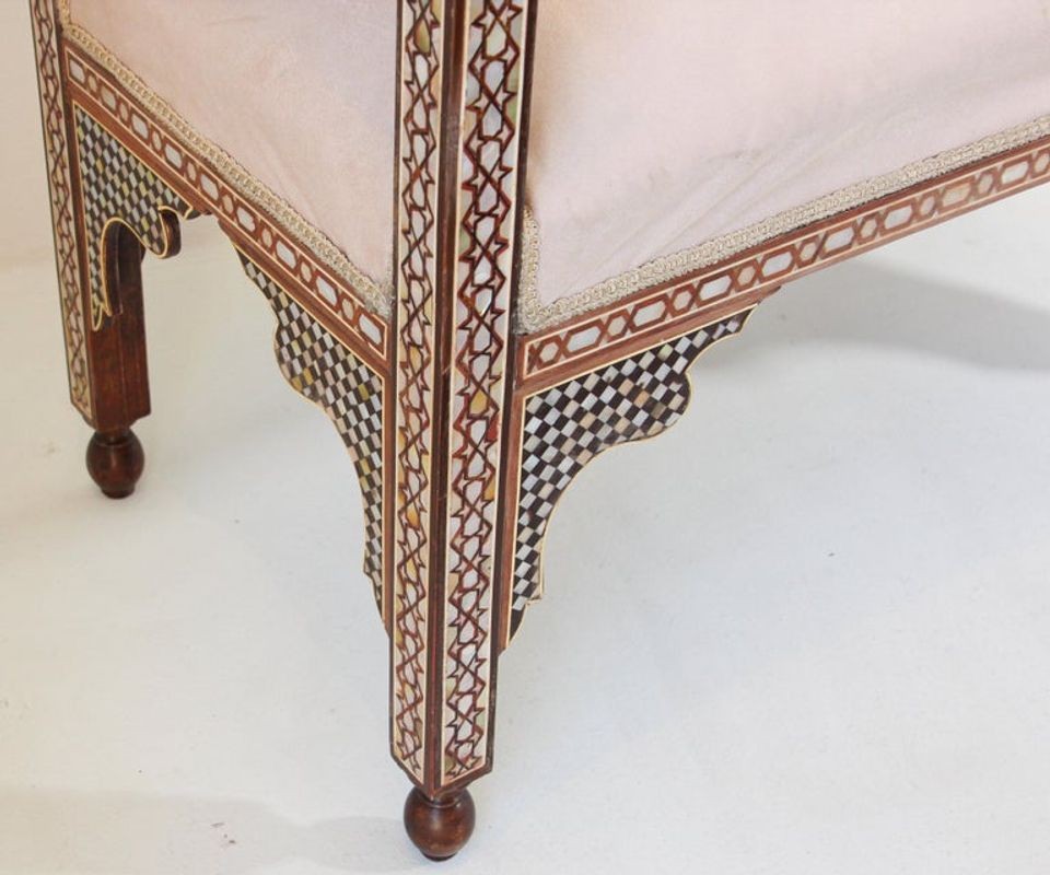Antique Moroccan Benches with Mosaic White Shell Inlay a Pair