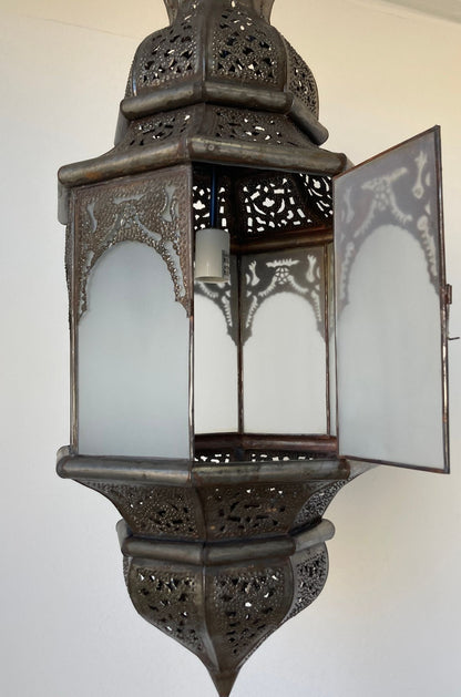 Moroccan Moorish Hanging Metal Lantern with Milky Glass