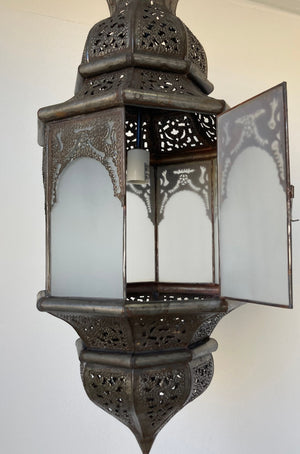Moroccan Moorish Hanging Metal Lantern with Milky Glass