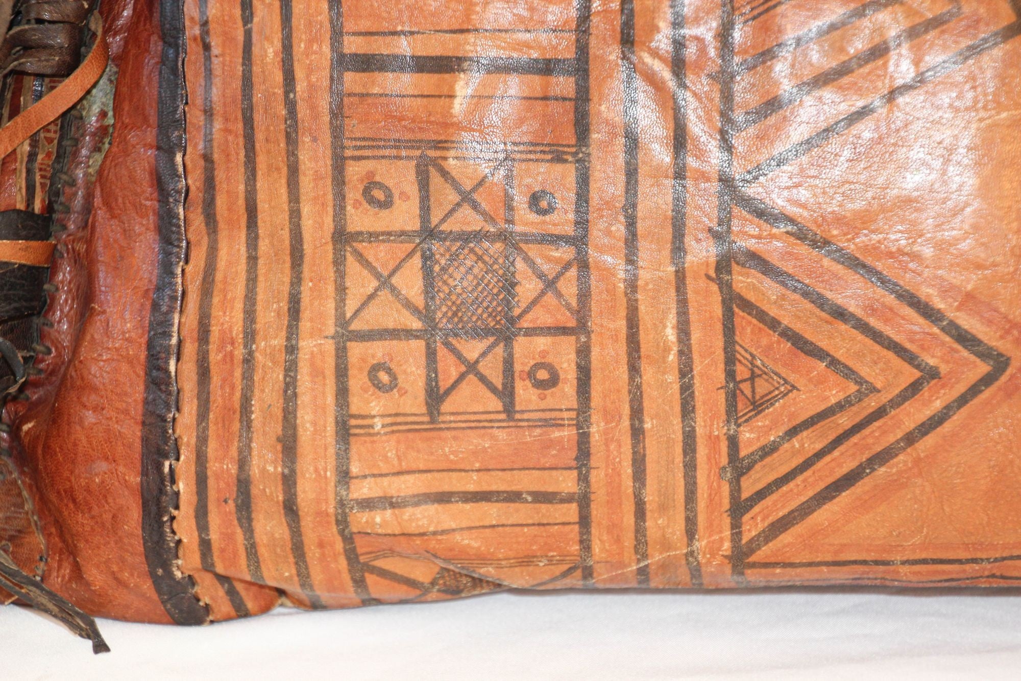 African Tuareg Hand-Tooled Leather Pillow with Fringes