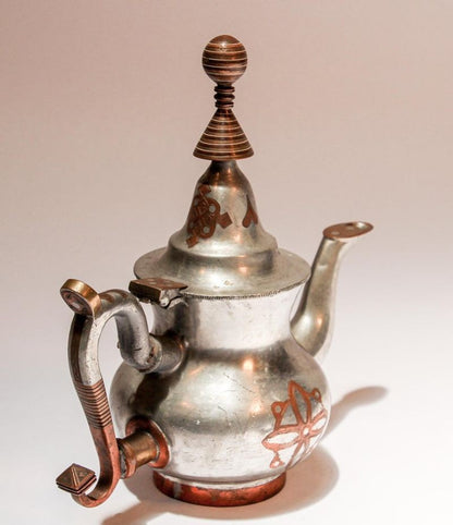 Handcrafted Tuareg Tea Pot, Pewter with Brass & Copper, 1950s