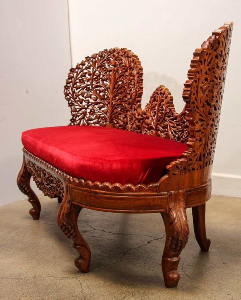 Anglo-Raj Settee with Open Back Hand Carved Tree of Life Back
