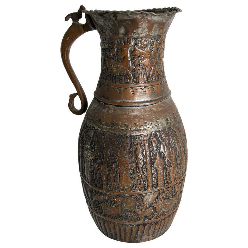 Antique 19th Century Moorish Tinned Copper Ewer, Hand-Hammered, Turkey