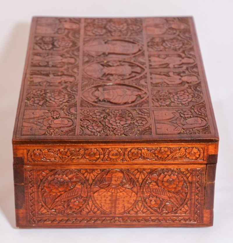 Large Early 19th Century Antique Hand Carved Wooden Mughal Decorative Box