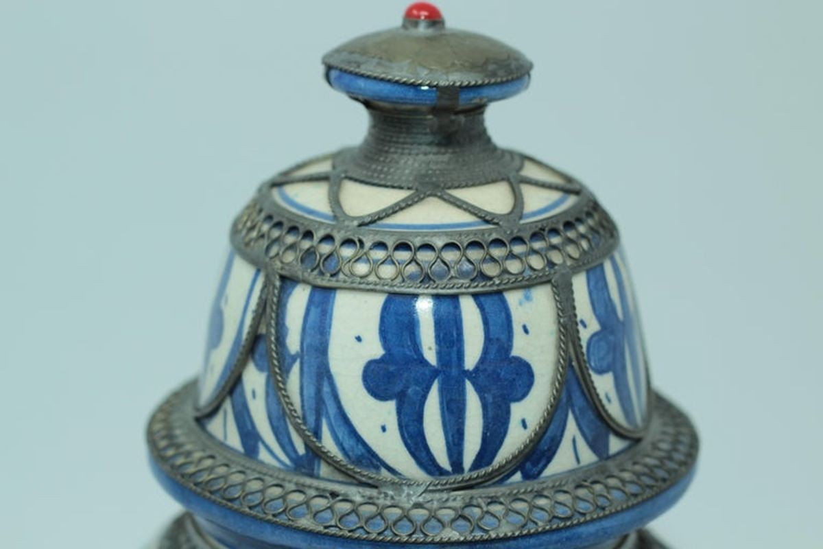 Moroccan Ceramic Vase from Fez Blue and White with Silver Filigree