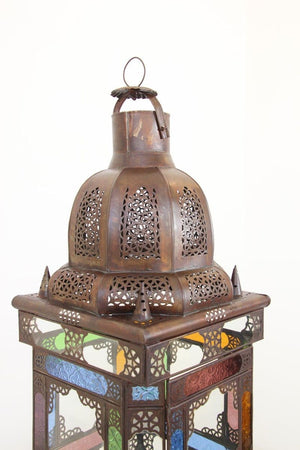 Moroccan Moorish Metal Lantern with Multicolor Glass