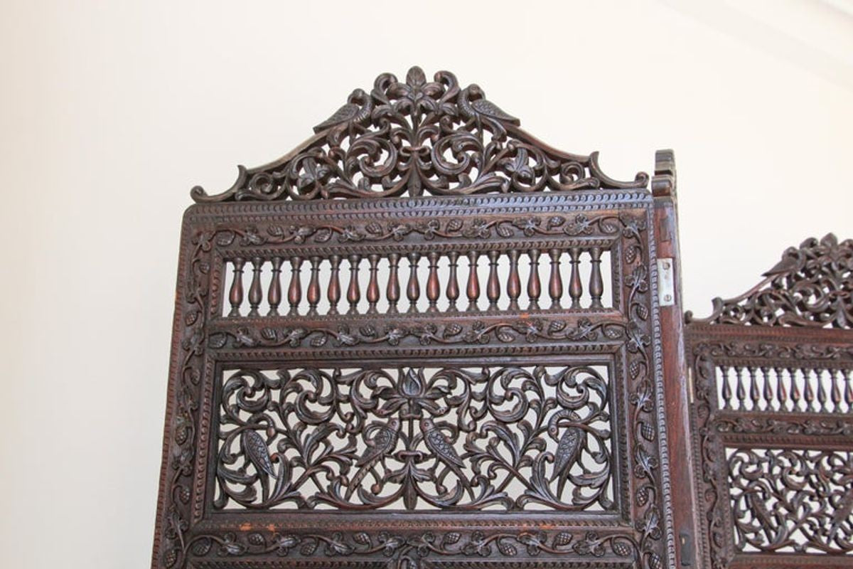 Anglo-Indian Mughal Hardwood Three-Panel Screen