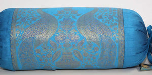 Bolster Pillows Turquoise Blue and Gold Colors with Peacock - A Pair