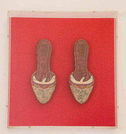 Antique Italian Venetian Shoes Leather and Silk Embroidered Framed