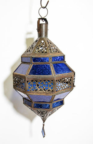 Handcrafted Moroccan Blue Glass Lantern Metal Octagonal Diamond Shape