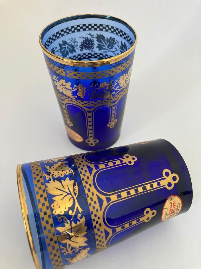 Moorish Blue and Gold Crystal Barware Italian Drinking Glasses Set of 4