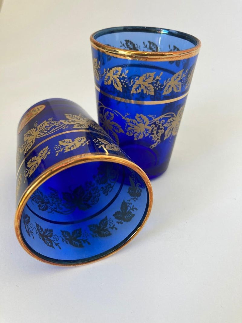 Set of Six Handblown Moorish Blue and Gold Glasses