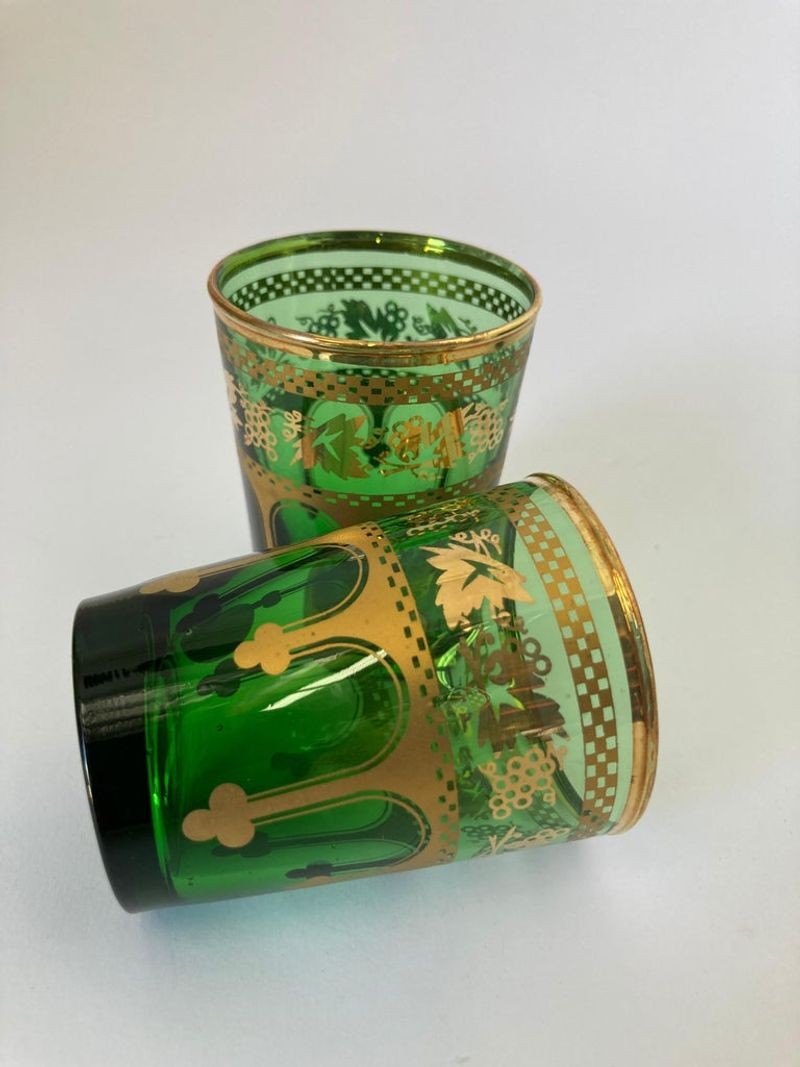 Set of Six Handblown Moroccan Green and Gold Glasses