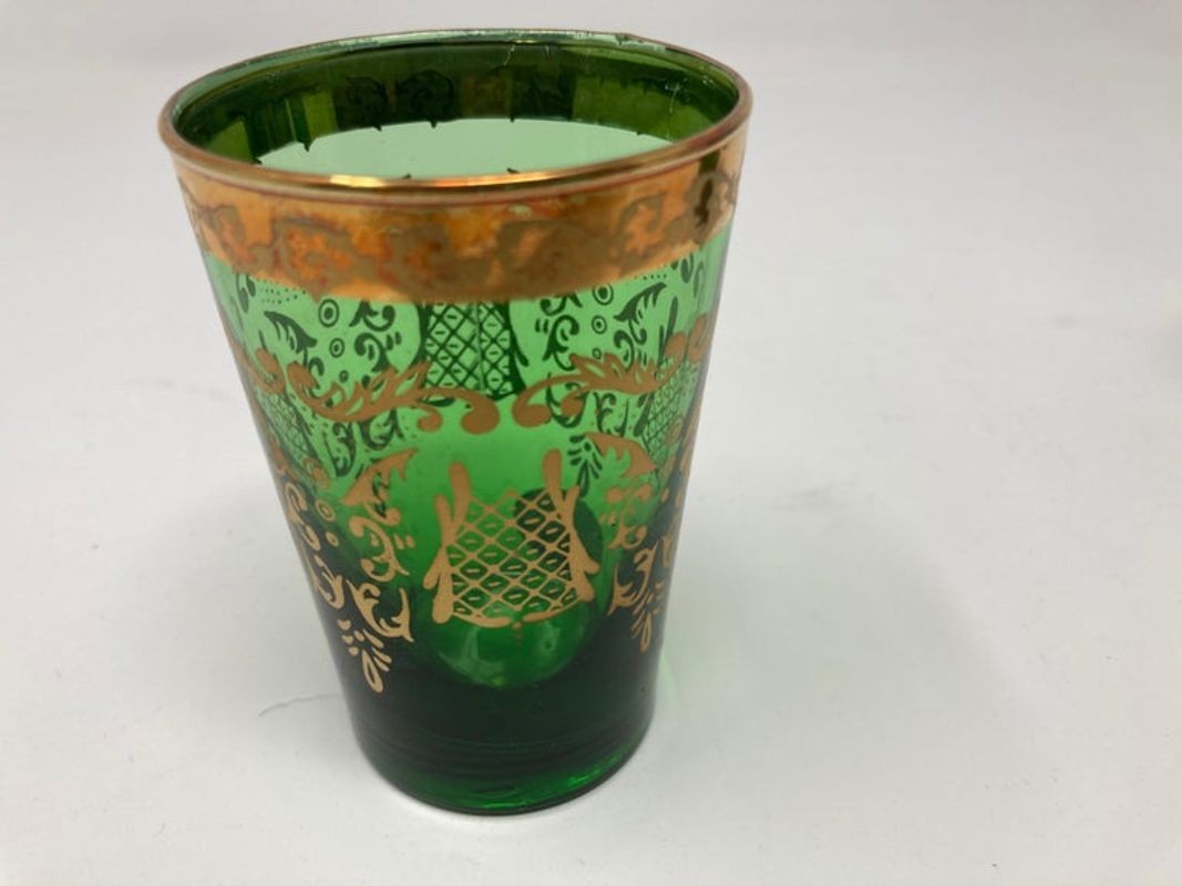 Set of Six Handblown Moorish Green and Gold Tea Glasses