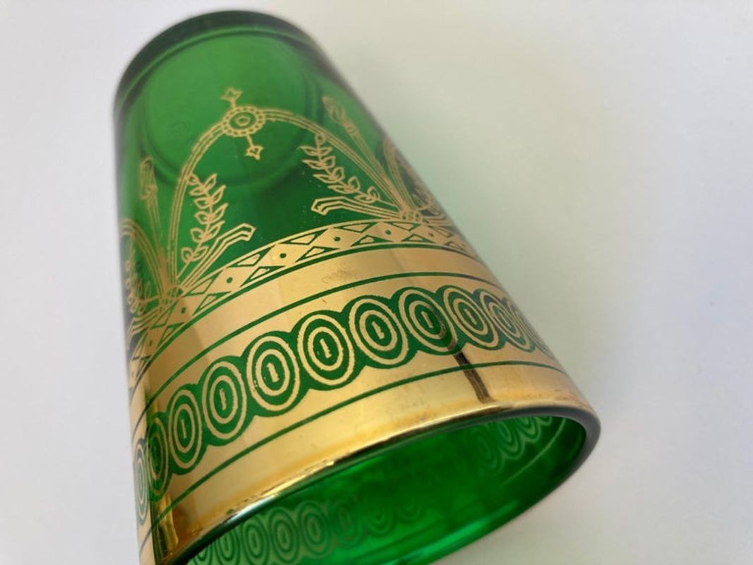 Set of Six Handblown Moroccan Moorish Green and Gold Glasses