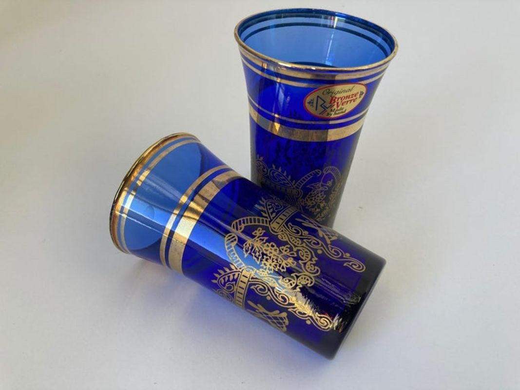 Italian Moorish Royal Blue and Gold Crystal Drinking Glasses