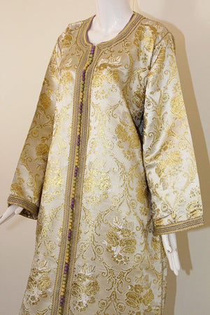 Moroccan Vintage Caftan in Gold Metallic Brocade, Maxi Gown Dress Kaftan