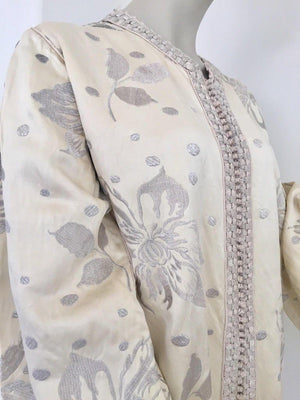 1960's Vintage Moroccan Caftan with Silver Metallic Floral Silk Brocade