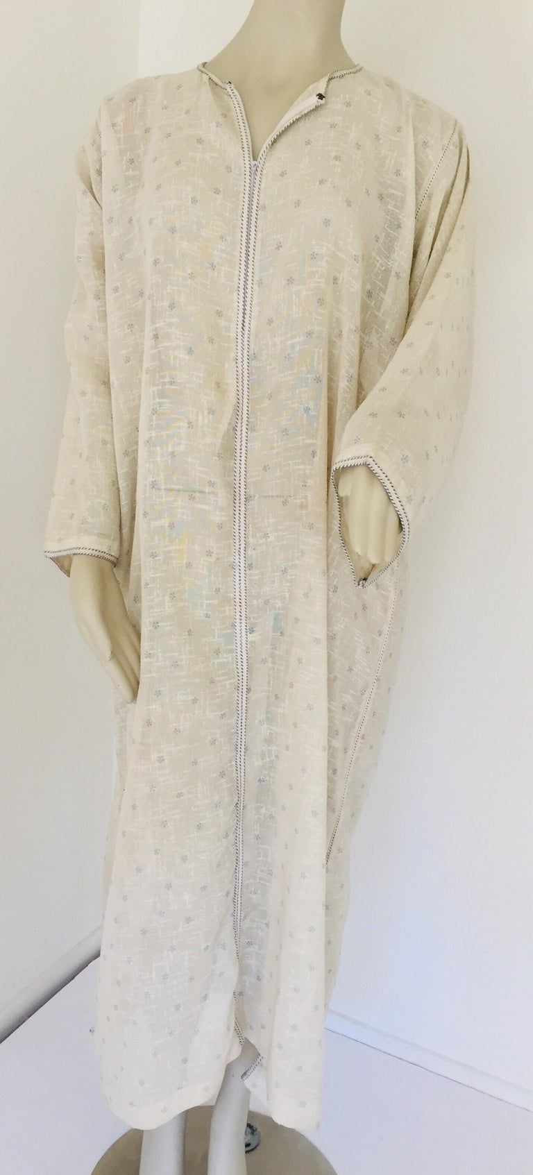 1970 Moroccan Hooded Caftan White and Blue Linen Djellabah Kaftan