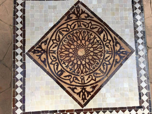 Moroccan Mosaic Tile Side table on Iron Base, Brown and White